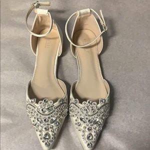 Brand new ivory satin flats with rhinestone